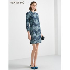 YINER音儿女装2019冬季新款优雅旗袍领修身收腰加厚蕾丝连衣裙