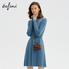 伊芙丽女装2019新款潮冬装裙子半高领100%羊毛高腰长袖针织连衣裙